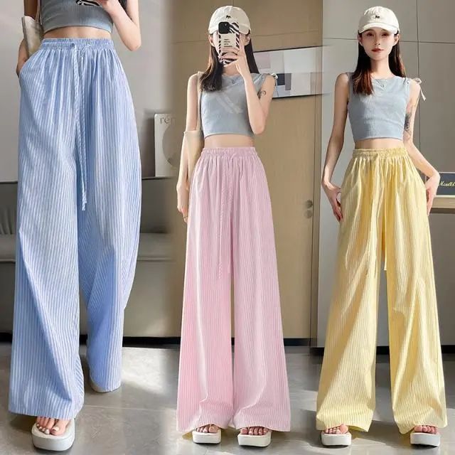 Korean trousers lazy dopamine vertical striped wide-leg pants summer thin high waist straight loose casual floor pants