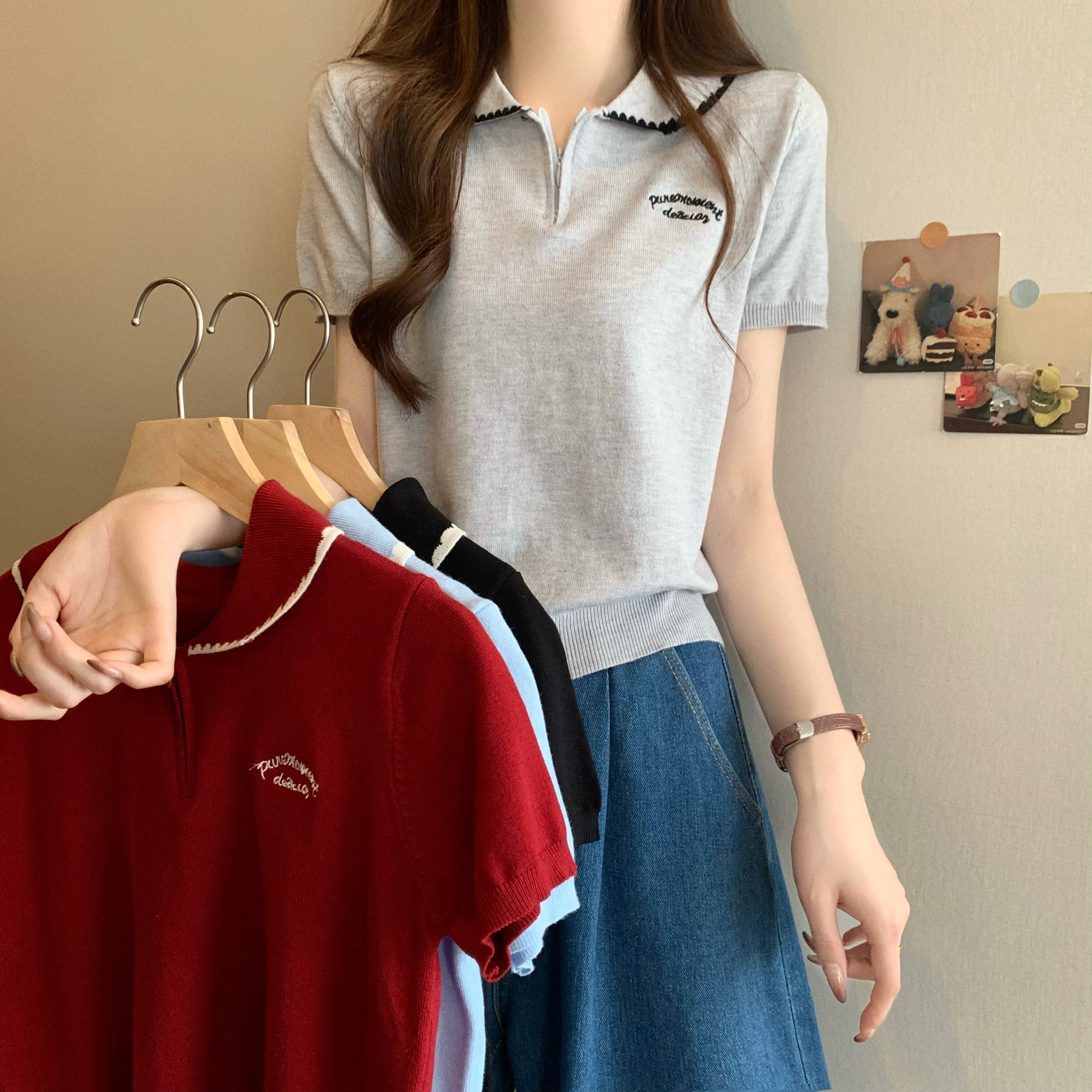 Real shot, new Korean style design half-labell loose short-sleeved knitted sweater