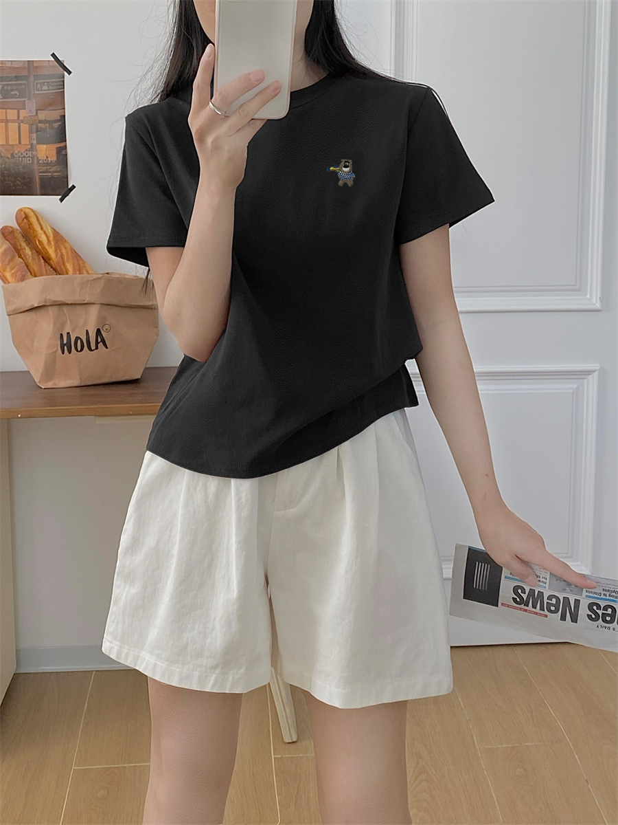 Real shot of new embroidered simple short-sleeved T-shirt for women 2025 summer base versatile stretch short top A