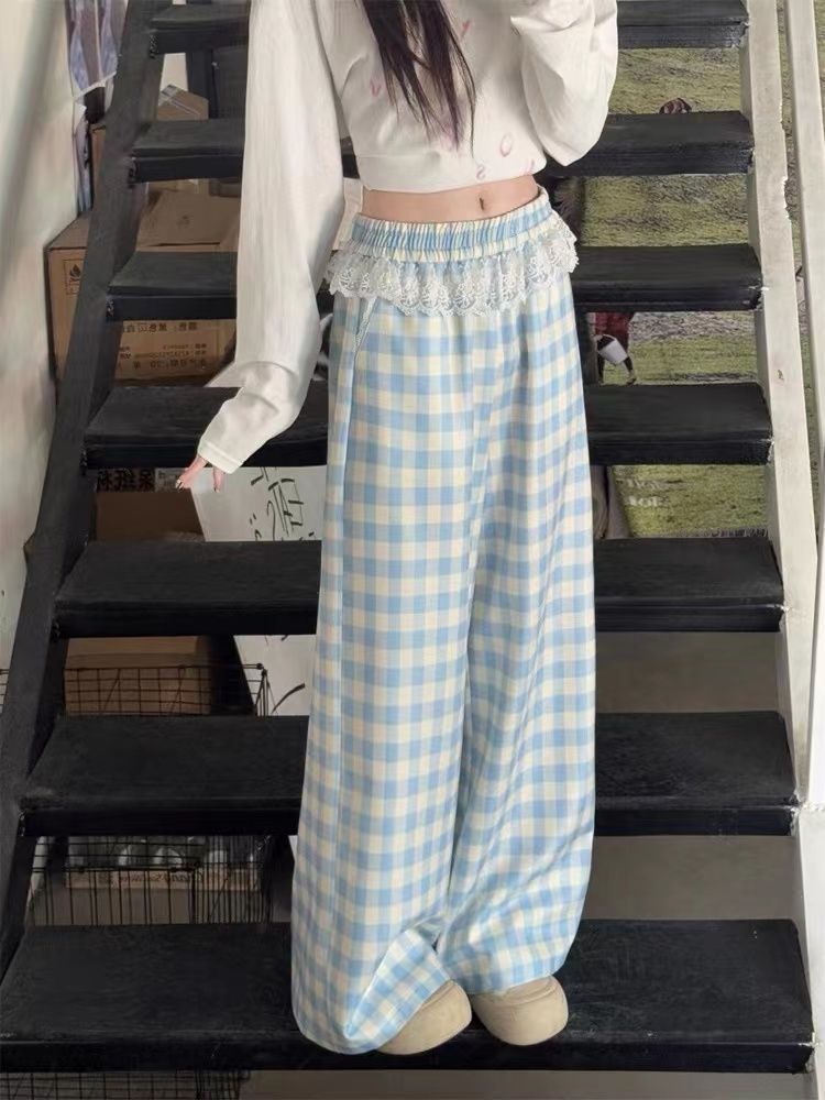 Sweet hot girl lace stitching casual pants bow pants for women summer loose elastic waist wide-leg pants straight pants