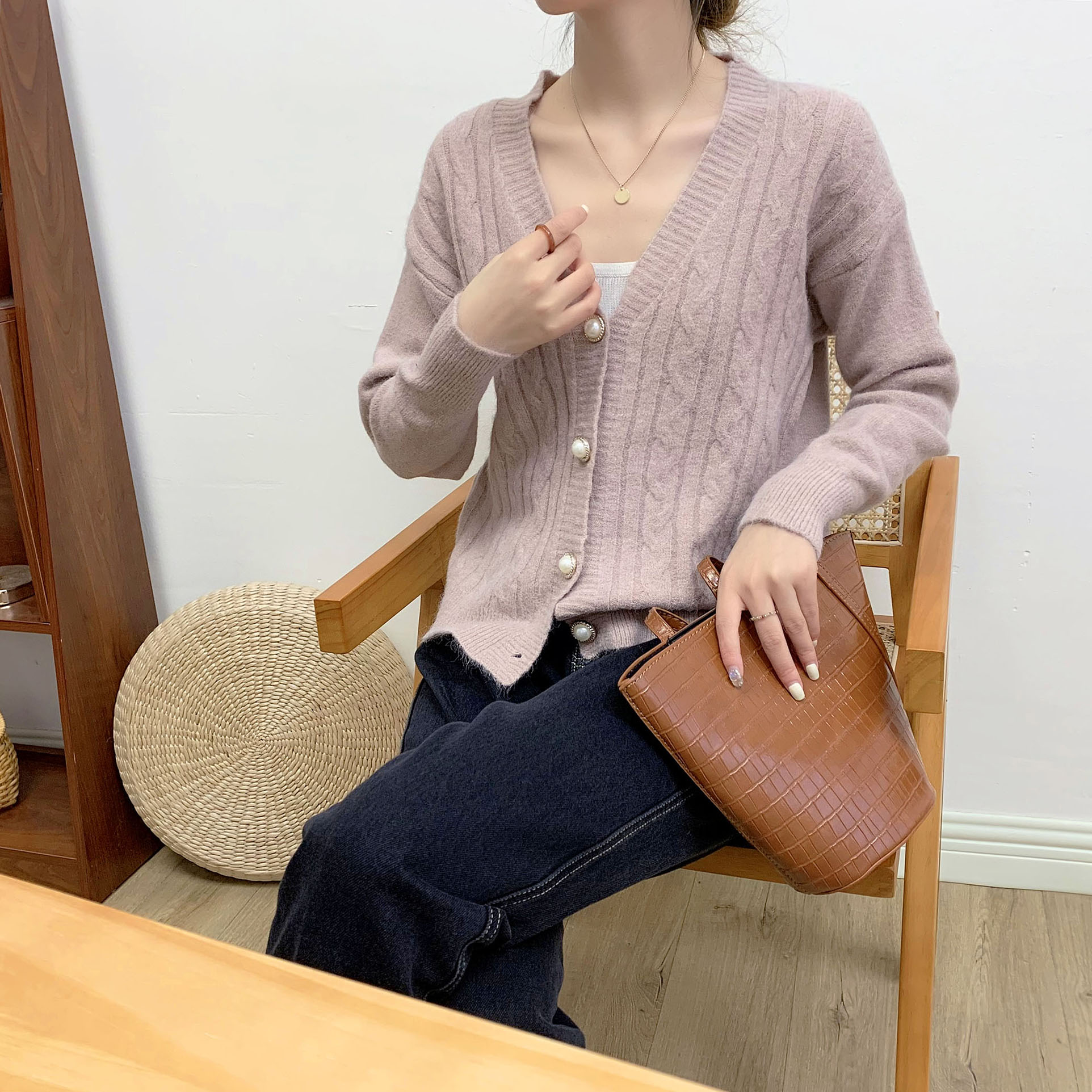 春裝2025新款ins森系v領毛衣女寬鬆外穿長袖針織上衣百搭開衫外套