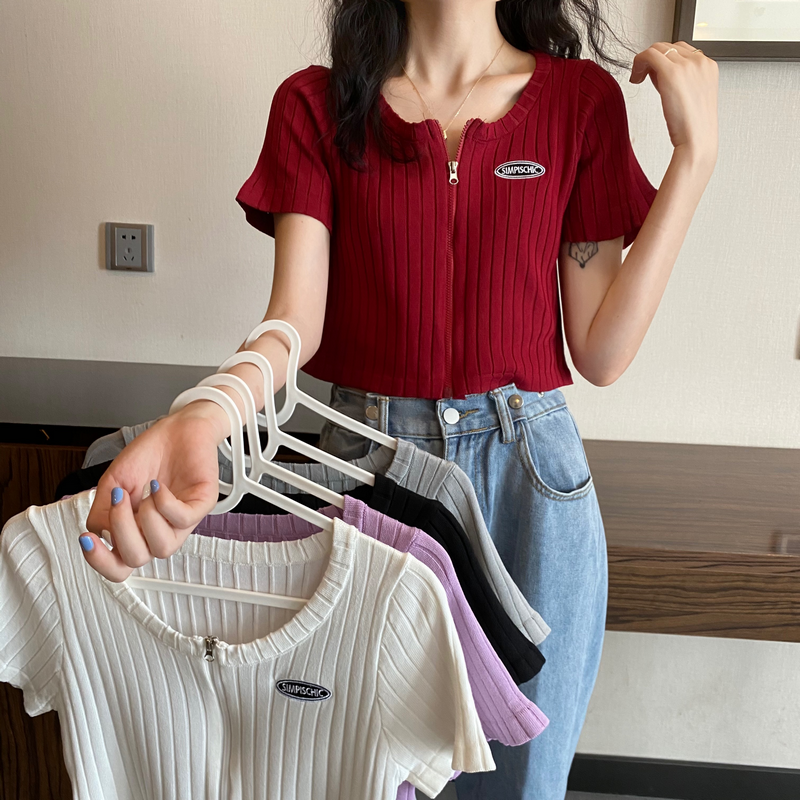 - New summer short zipper short sleeve sweater top for women