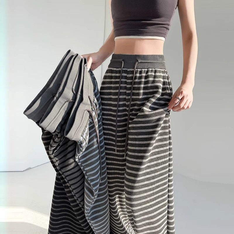 Striped wide-leg pants for women in spring and autumn knitted casual straight pants 2025 new high waist drooping lazy and relaxed