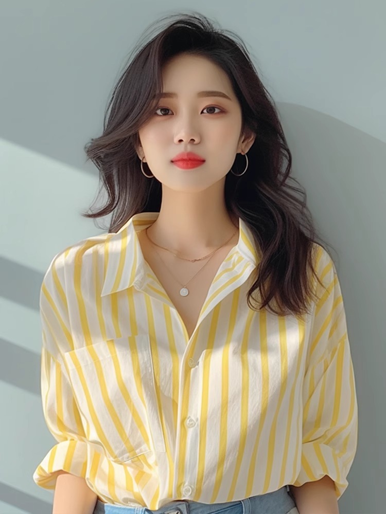 黃白色豎條紋襯衫女2025早春新款襯衣歐貨洋氣小衫海邊防曬衫