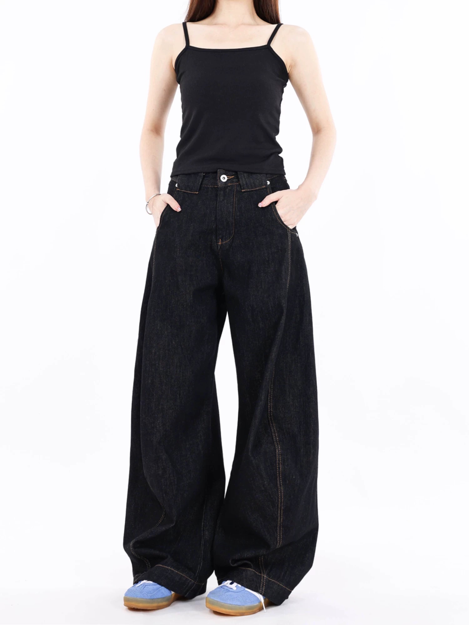 Korean summer American scimitar deconstructed original color retro jeans for women versatile loose wide legs