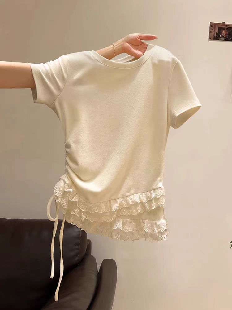 純棉 韓國chic2025夏季新款純欲蕾絲花邊圓領短袖T恤絕美內搭上衣