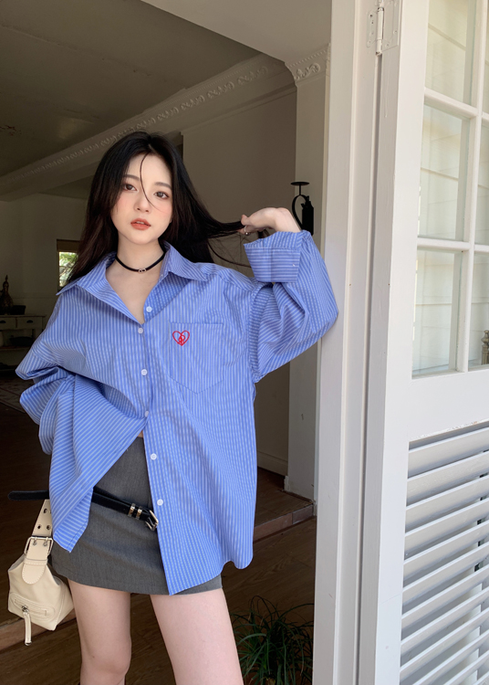 Real shot of love embroidery lazy style loose and versatile striped shirt