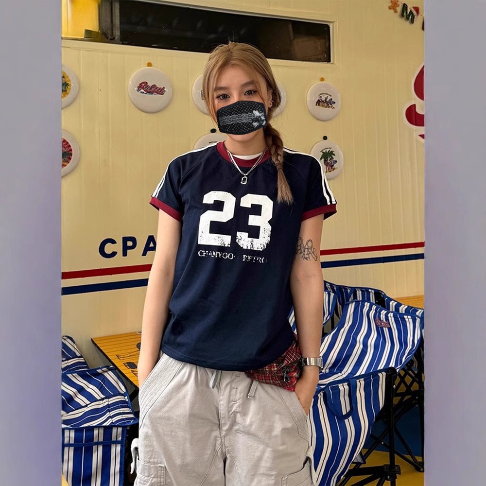 純棉 韓國chic夏季新款韓版修身條杆美式印花辣妹修身正肩短袖t恤