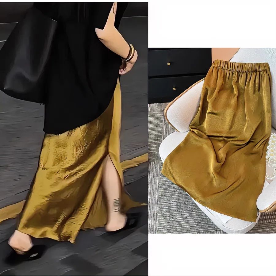 2025 New Chinese Style Solid Color National Style Slit Loose Youthful Slimming Satin Stretch Semi-Body Skirt