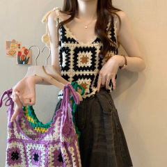 Real shot of the new Korean style hollow embroidered plaid versatile vest sling