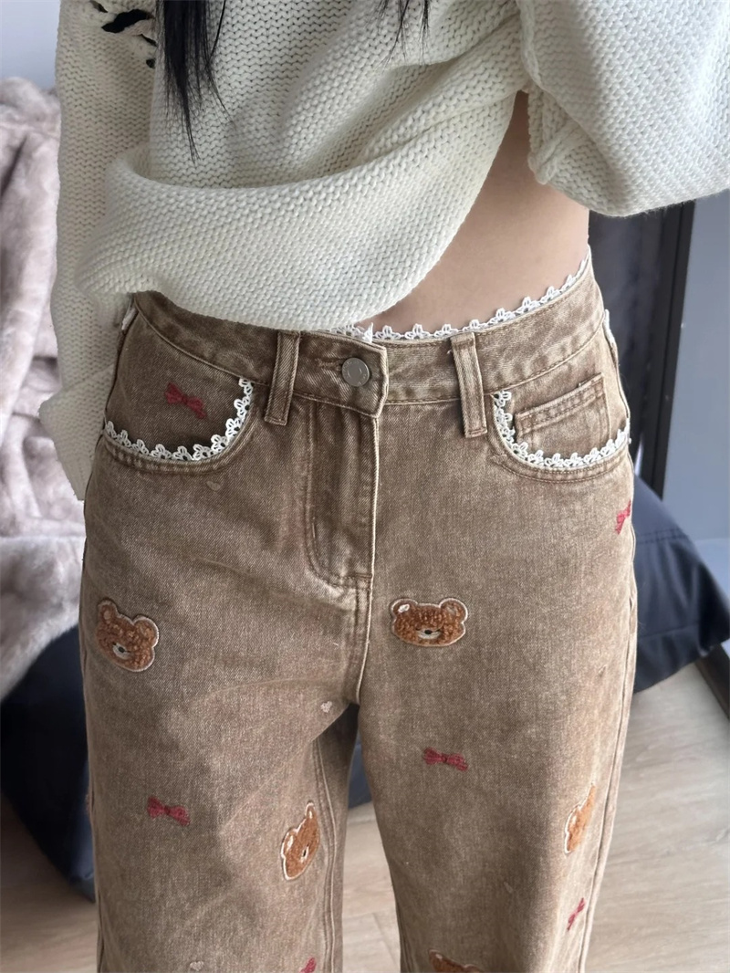 2025 summer Korean version retro design double waist cute bear straight and versatile lazy denim wide-leg pants