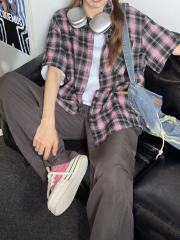 Korean new American retro loose casual short-sleeved shirt jacket couples same fashion brand black pink plaid shirt