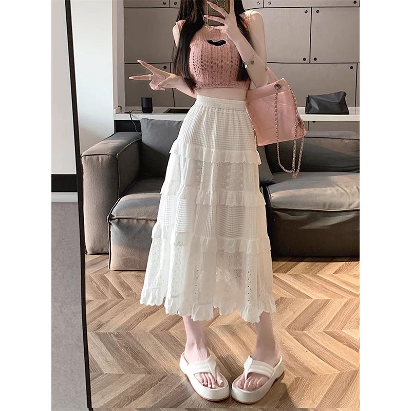 New spring and summer retro gentle style embroidered lace fungus lace spliced ​​skirt women's long skirt A-line white skirt
