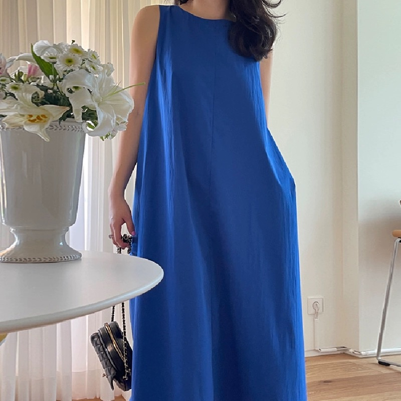 Korean chic summer retro lazy style round neck loose casual solid color sleeveless vest dress long skirt women