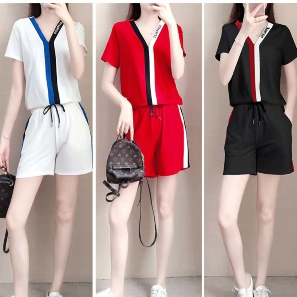 Shorts casual suit for women spring and summer 2025 new fashionable Korean version loose slim V-neck fashionable sports two-piece set