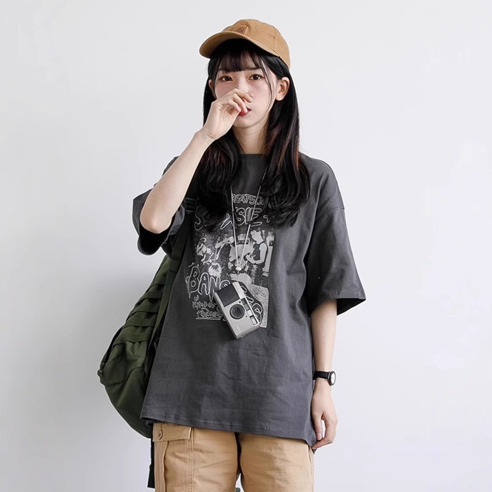 韓國chic純棉後包領2025夏季新款韓版美式印花寬鬆短袖T恤女潮