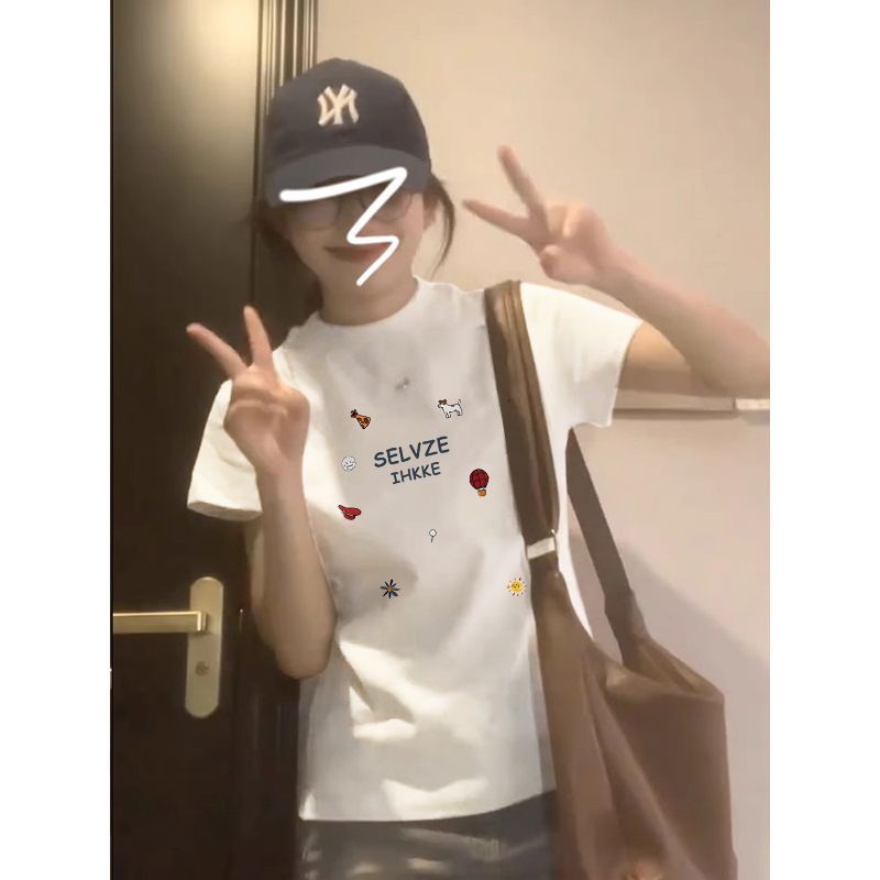 純棉 韓國chic夏季新款韓版修身顯瘦字母印花短袖t恤女百搭上衣潮
