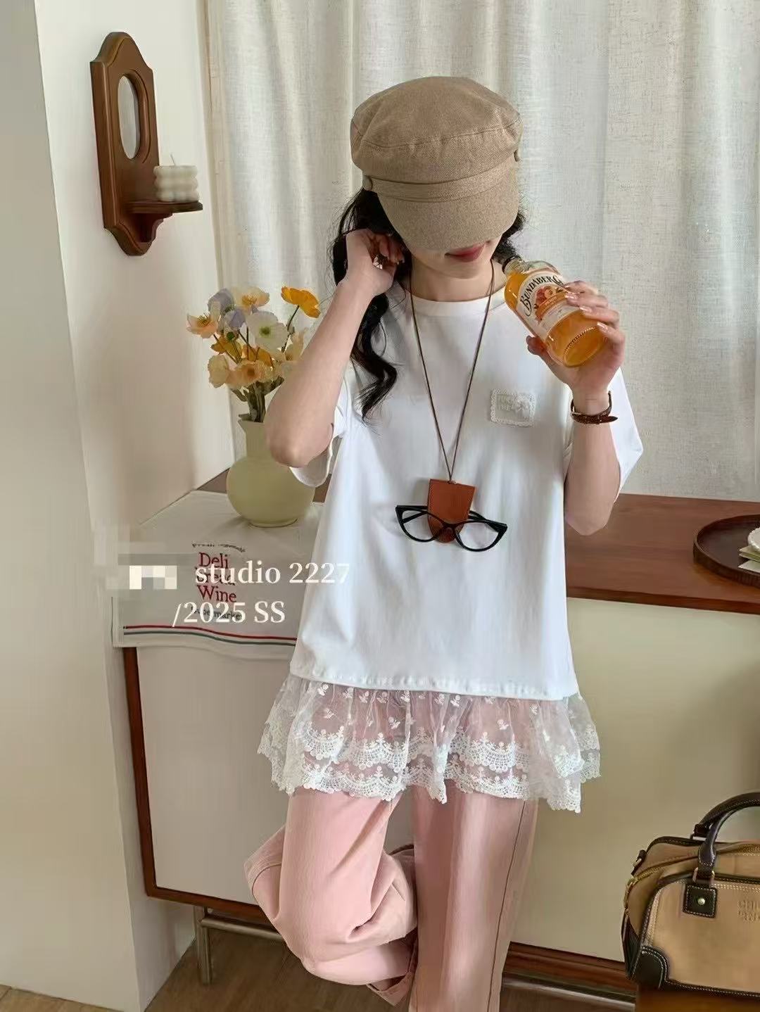 G-MM new Korean style fashion girly spliced ​​lace lace small label design niche short-sleeved T-shirt 0213D
