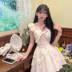 純欲少女風短裙女夏季收腰顯瘦減齡蕾絲拼接重工小飛袖公主連衣裙
