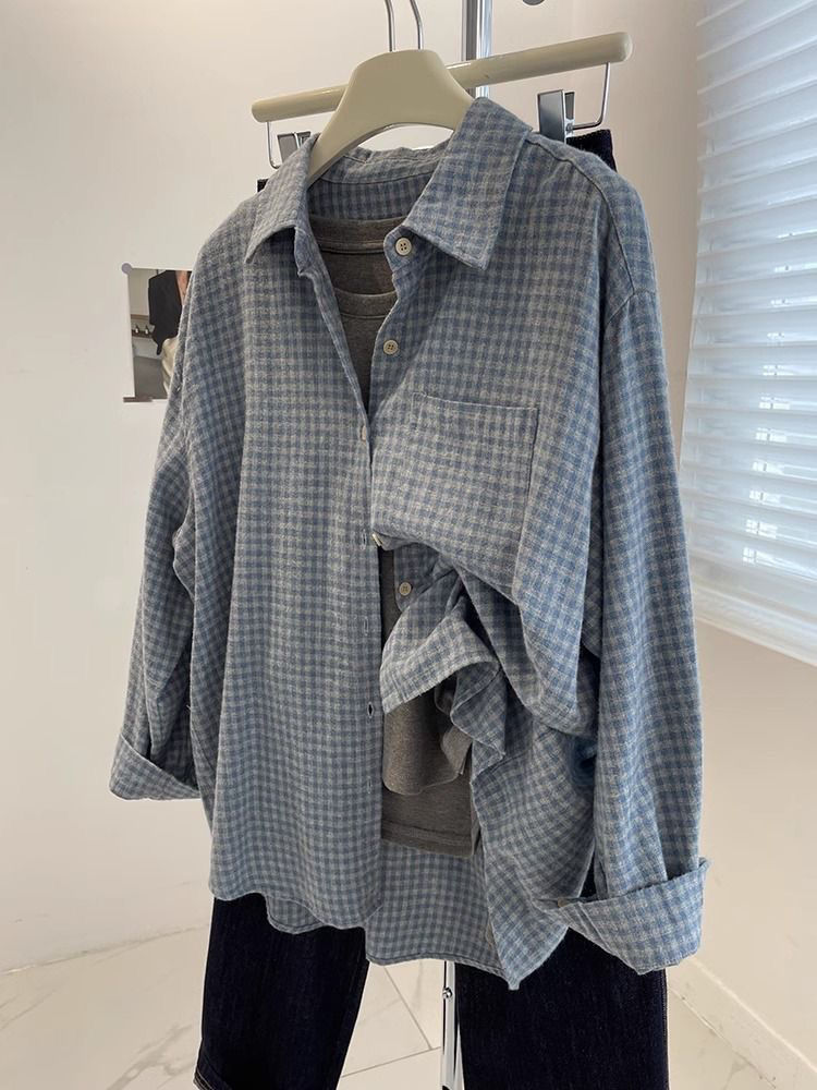 Korean retro blue plaid fur shirt for women 2025 design sense lazy cotton long-sleeved shirt jacket top