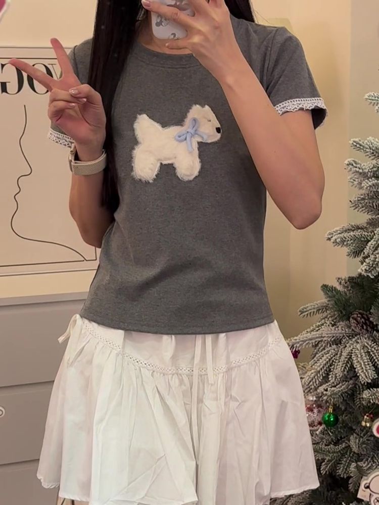 純棉 韓國chic夏季新款韓版寬鬆顯瘦刺繡拼接蕾絲短袖t恤女上衣潮