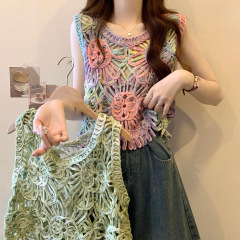 Real shot of new version of retro hollow sleeveless dyed vest vest blouse