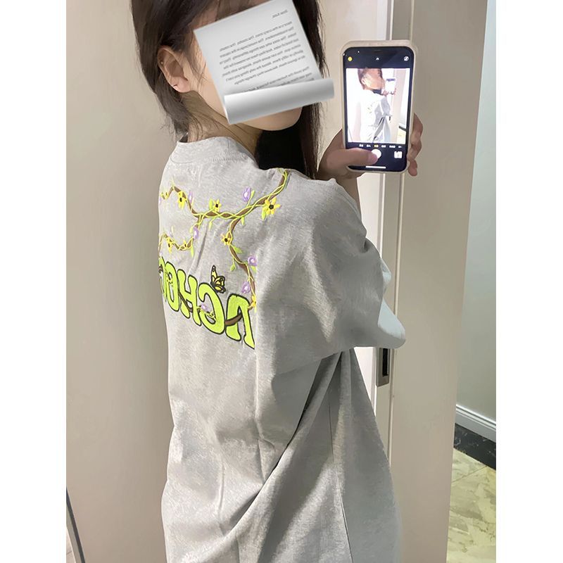 純棉 韓國chic夏季新款韓版寬鬆顯瘦字母刺繡短袖t恤女百搭上衣潮