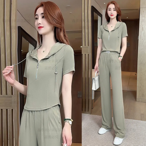 Casual sportswear suit for women 2025 spring and summer new style, age-reducing wide-leg pants, fashionable, slimming two-piece set