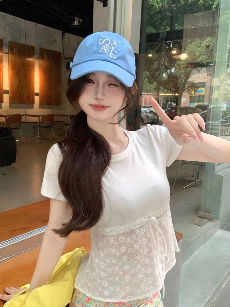 韓系白色拼接蕾絲短袖正肩T恤女裝夏季設計感小眾短款絕美上衣