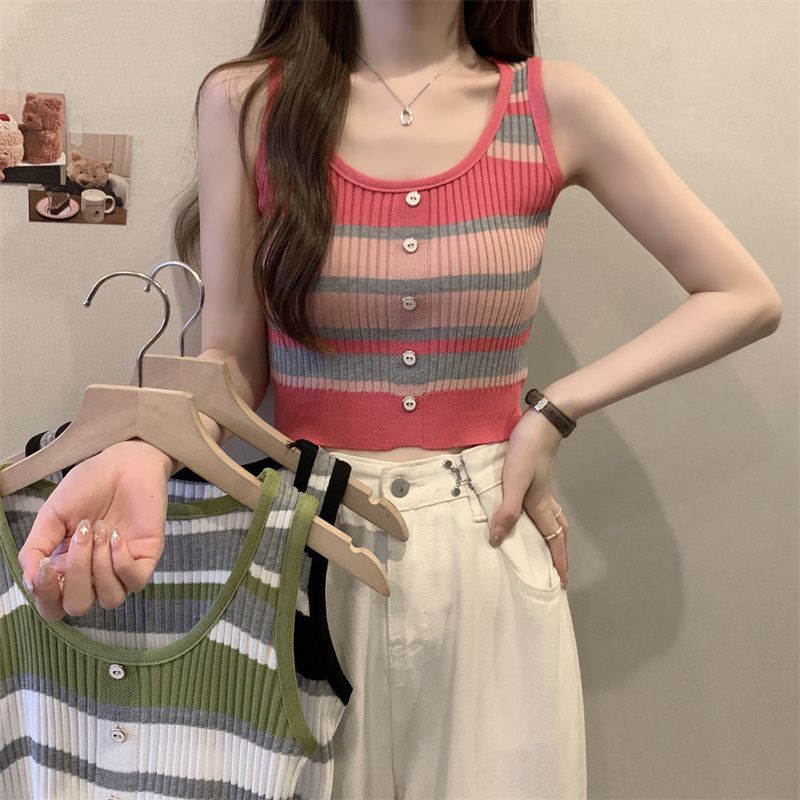 純欲風辣妹條紋針織彩虹吊帶小背心女夏季短款無袖上衣打底衫