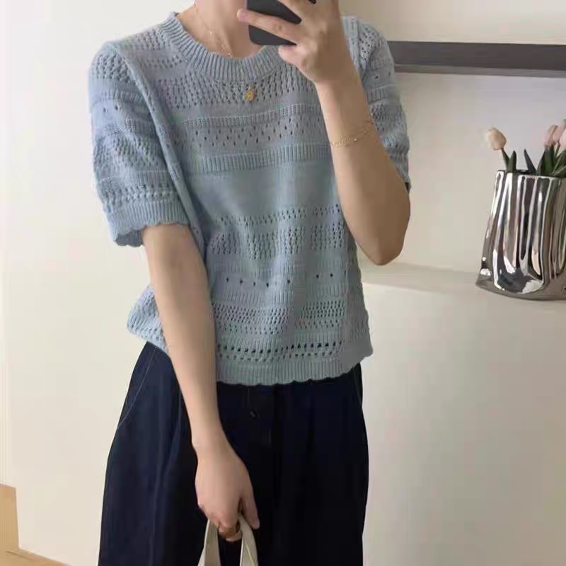 韓系春夏季新款設計感花邊領鏤空短袖慵懶風寬鬆百搭針織上衣