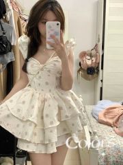 絕美甜辣妹飛飛袖吊帶連衣裙仙女夏季海邊度假風小個子顯瘦蓬蓬裙