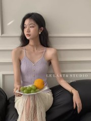 夏季韓版新款時尚甜辣風V領金屬排扣開叉吊帶針織北心