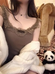 多色辣妹針織吊帶背心女春夏純欲風性感蕾絲拼接修身短款內搭上