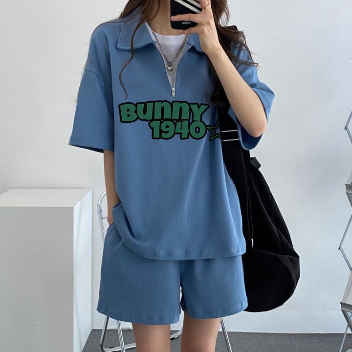 套裝女新款拉鏈短袖韓國新款夏天短袖短褲學生兩件套字母