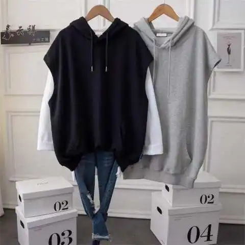 Spring and Autumn style loose fat mm2-300 jin large size simple mid-length sleeveless jacket ins hooded vest sweatshirt for women