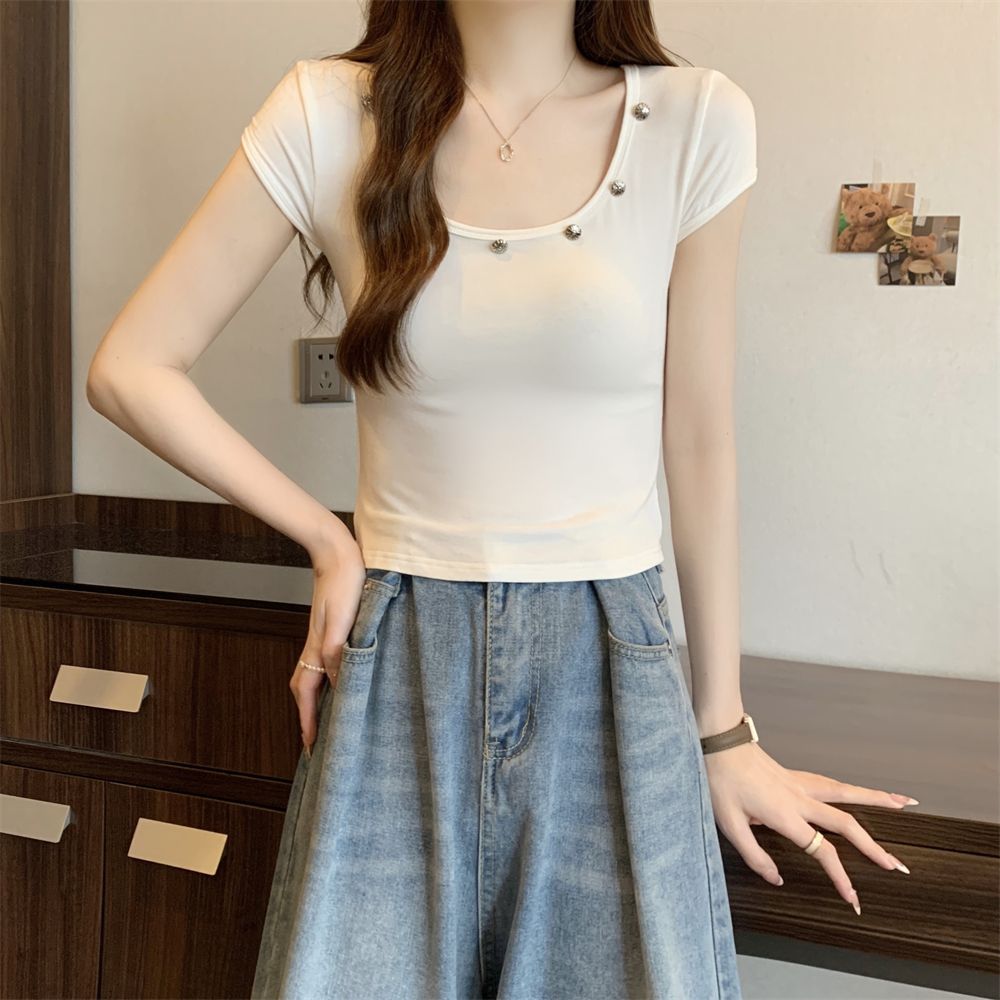 實拍  40支純棉210克92棉/8氨綸紐扣短袖T恤女小眾
