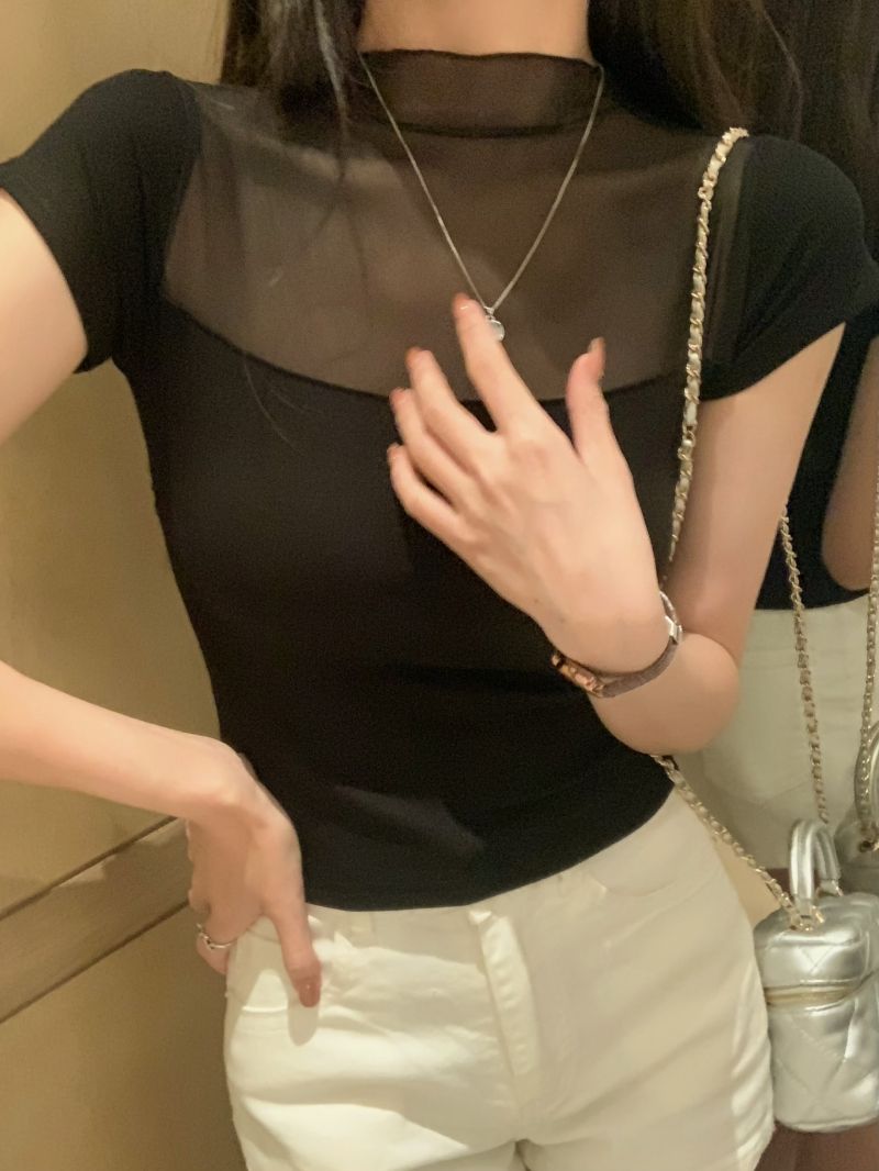 2025 new 40 pure cotton 210g 92 cotton/8 spandex short-sleeved T-shirt for women's mesh lace