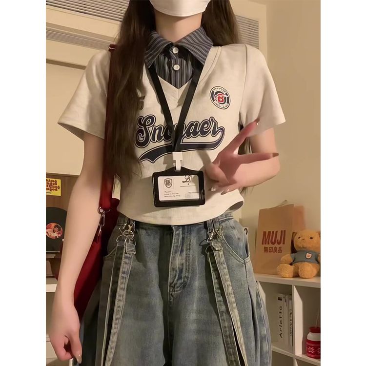 韓國chic純棉後包領夏季新款韓版POLO領假兩件拼接寬鬆短袖T恤女
