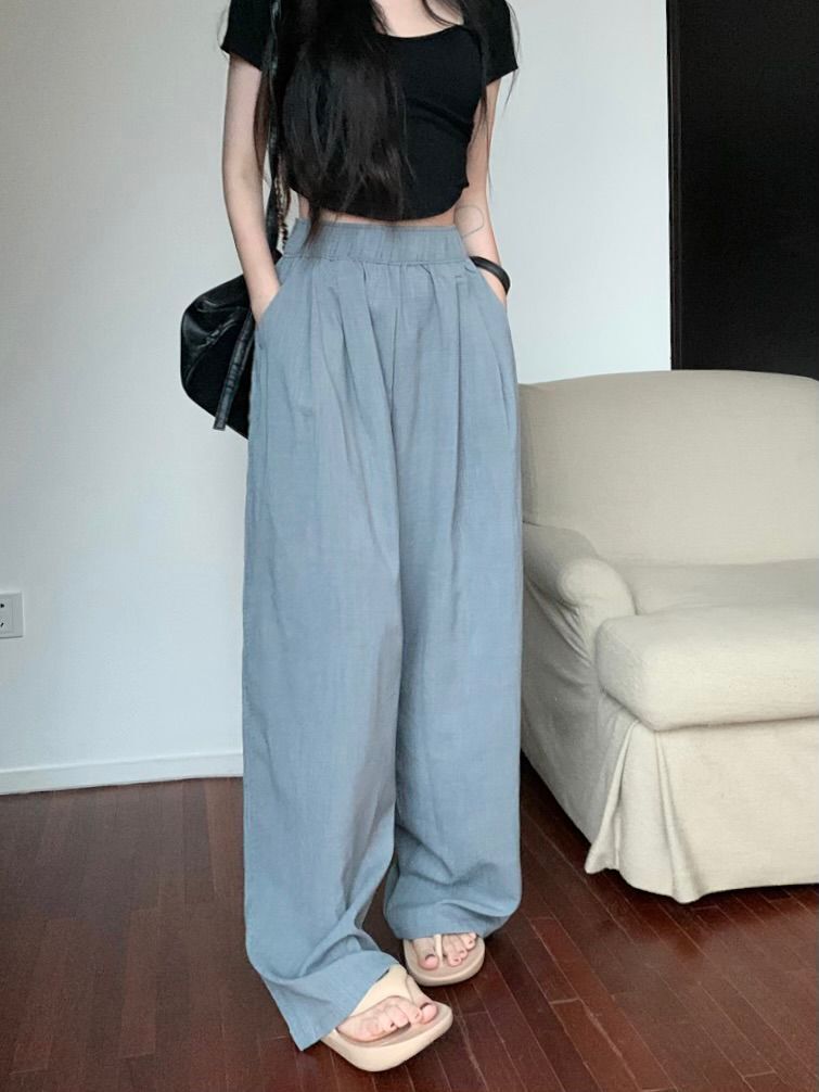 Real shot New Korean version of high waist versatile draping slimming acetate straight-leg casual wide-leg pants
