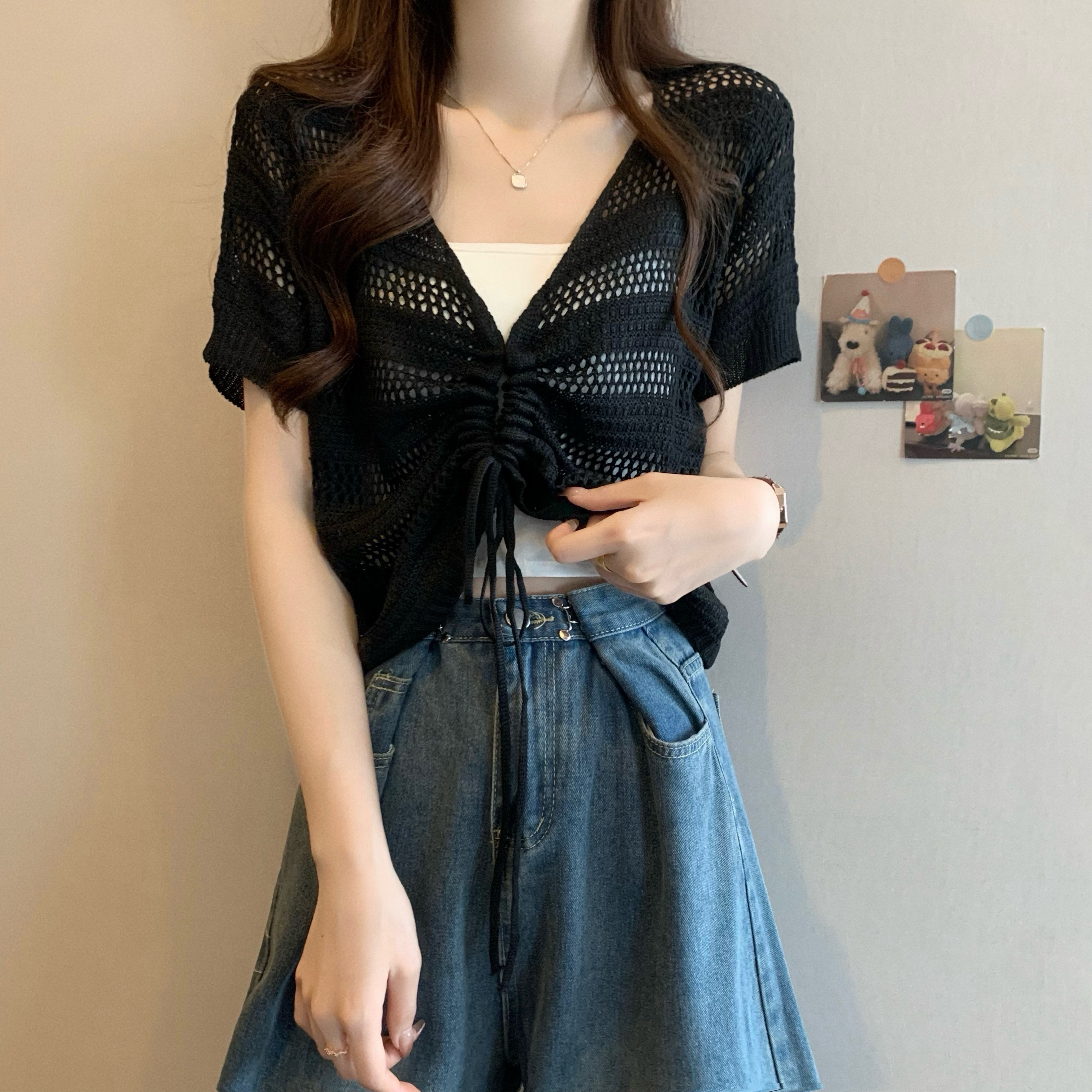 Real shot, new Korean style design, hollow drawstring short-sleeved knitted sweater