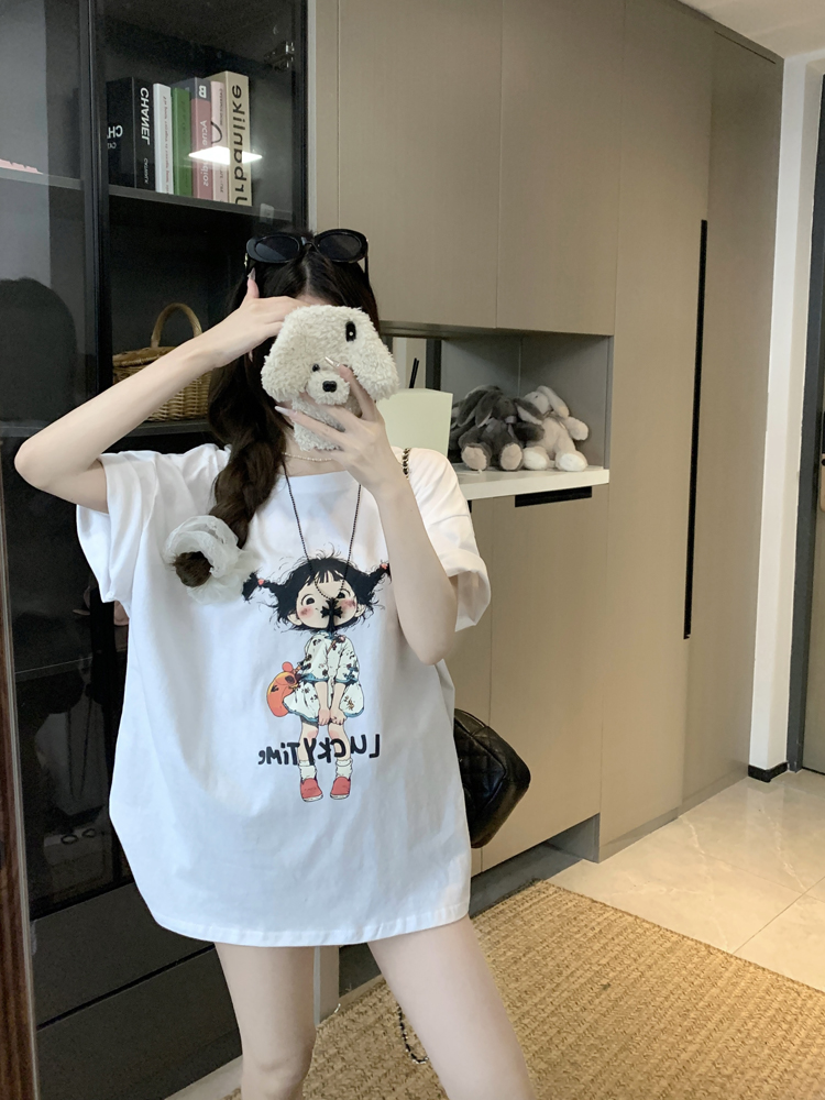 Real shot, cartoon print, age-reducing loose and lazy versatile T