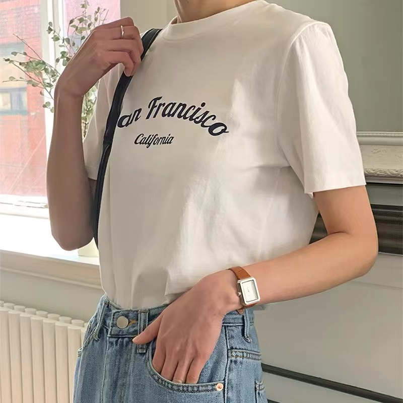 Korean chic summer simple basic round neck contrast letter printing loose versatile short-sleeved T-shirt top for women