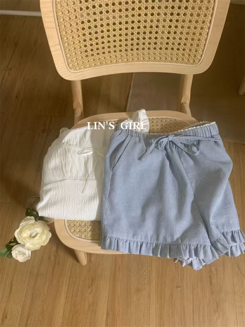 Teenage Aesthetics! Little Cream Puffs! Japanese-style Linsgirl Sweet Bubble Cotton Fringe Checkered Casual Shorts Spring and Summer