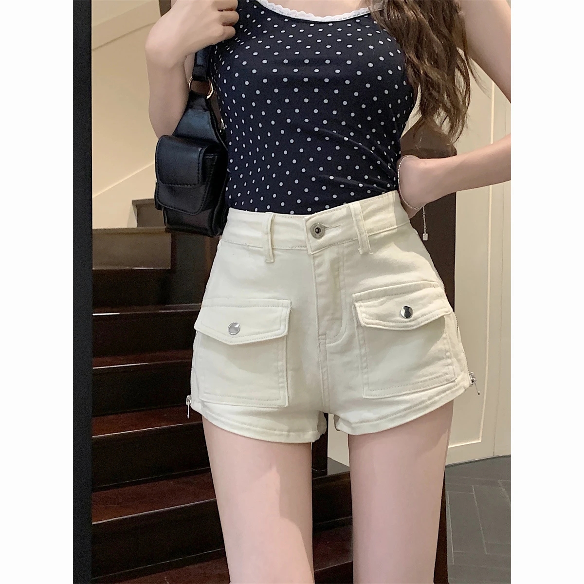 工裝牛仔短褲水洗拉鏈白色夏季小個子辣妹高腰顯瘦直筒褲子休閒褲