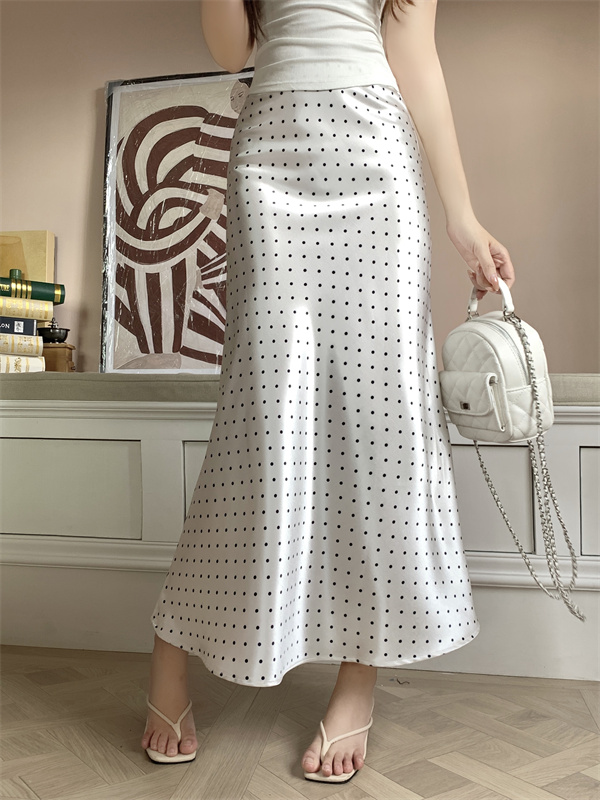 Real shot New high-end style temperament hip drooping high waist fish tail skirt polka dot acetate satin mid-length skirt