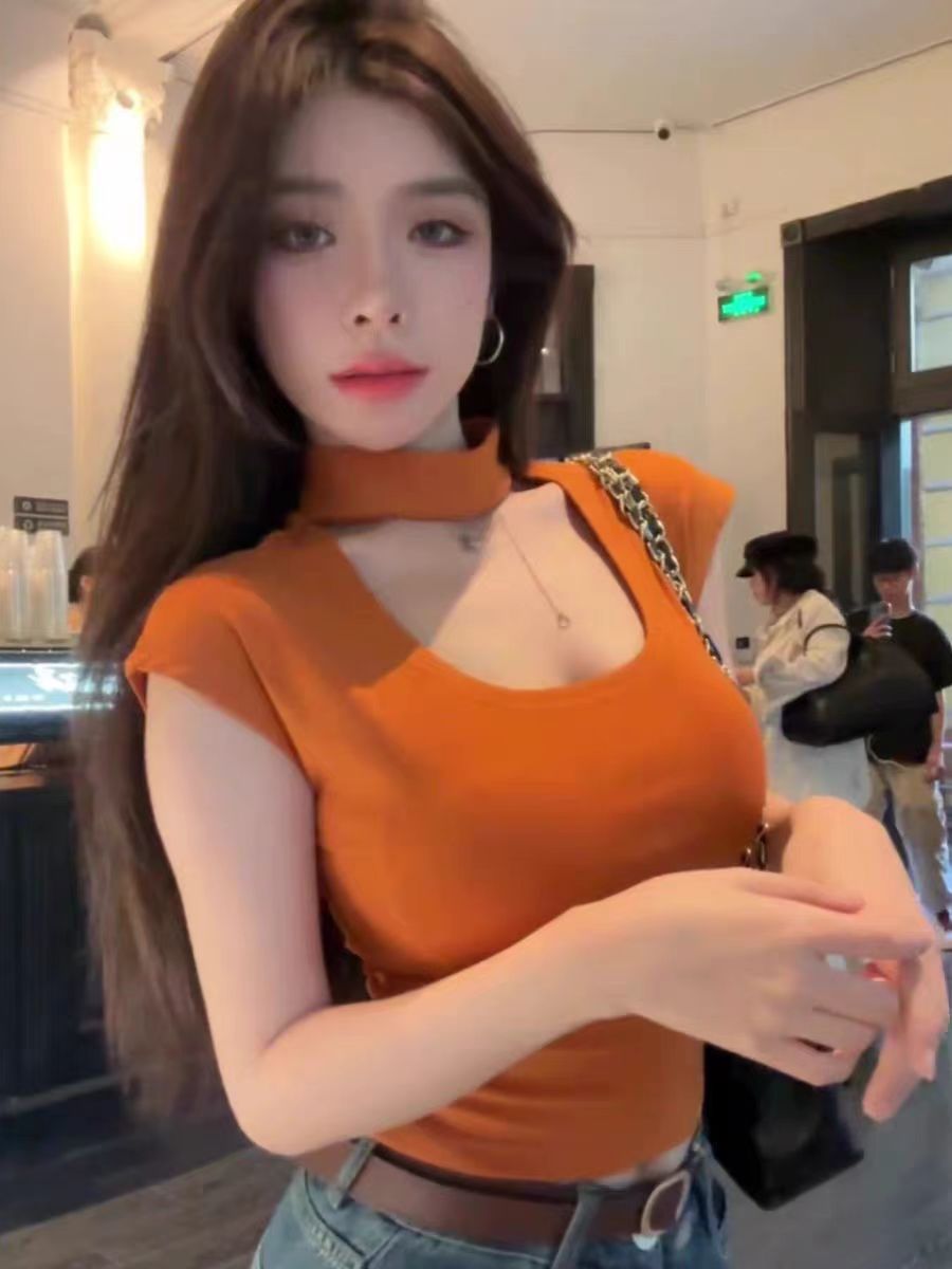 純棉 韓國chic夏季新款辣妹風掛脖設計短袖T恤修身顯瘦短款上衣女