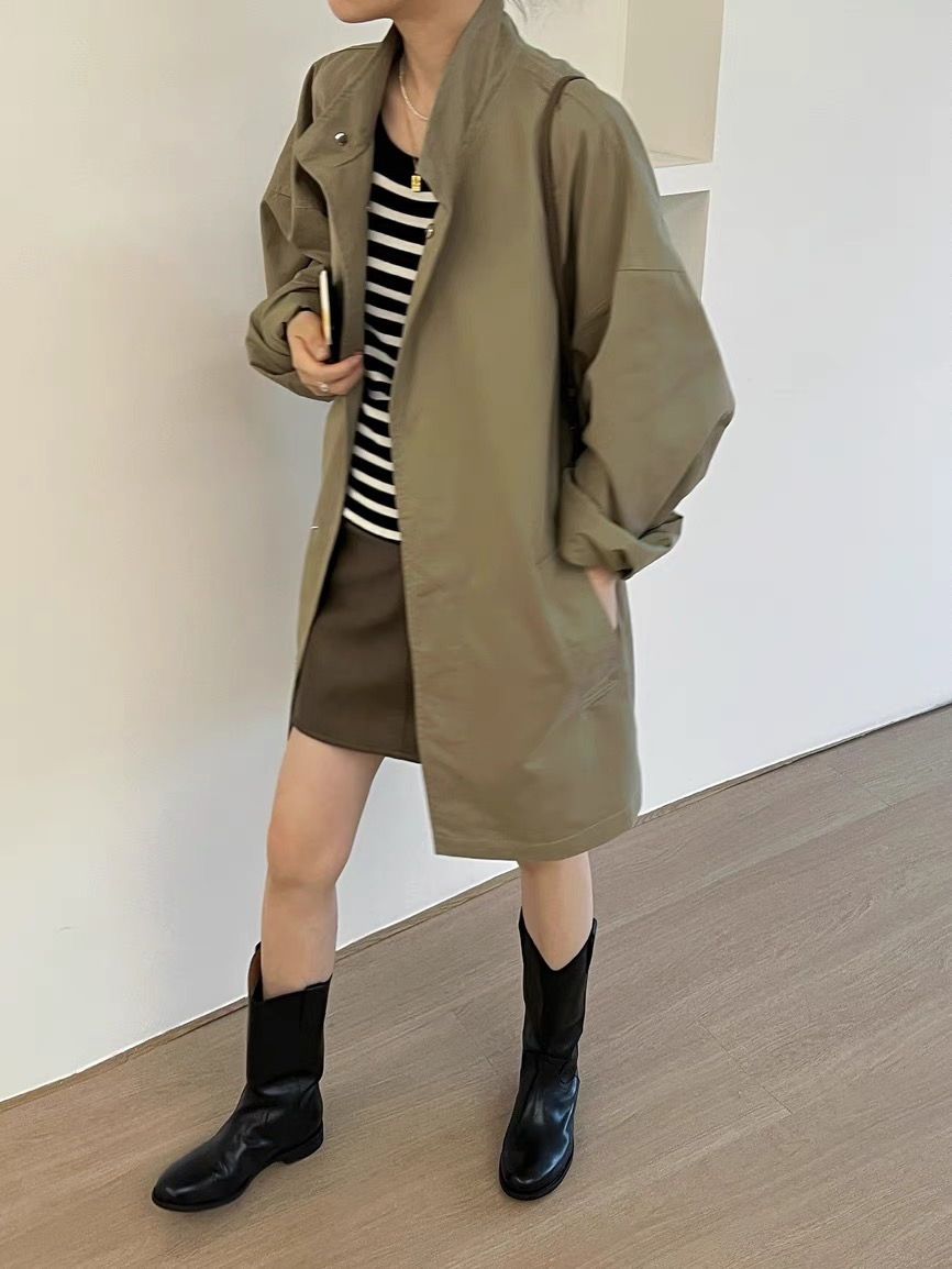 Korean chic autumn and winter retro thin style lazy style stand collar loose casual long sleeve mid-length windbreaker jacket for women