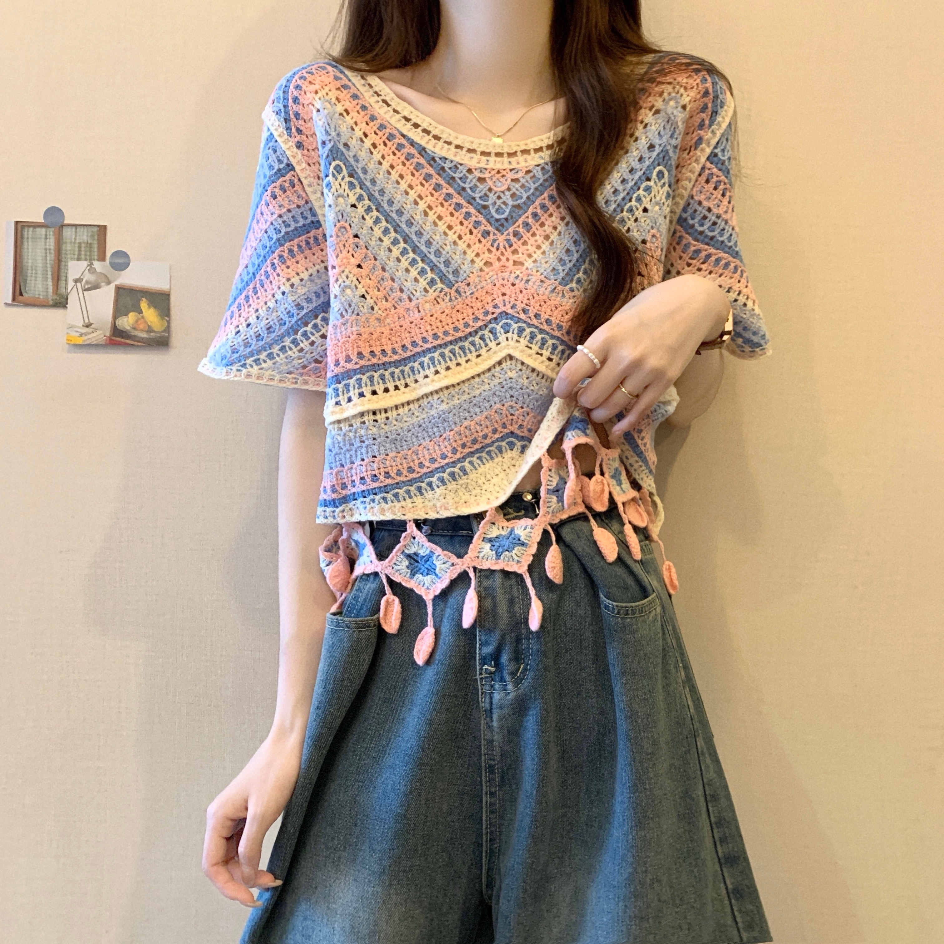 Real shot, new version of retro summer embroidery hollow color block design short-sleeved top