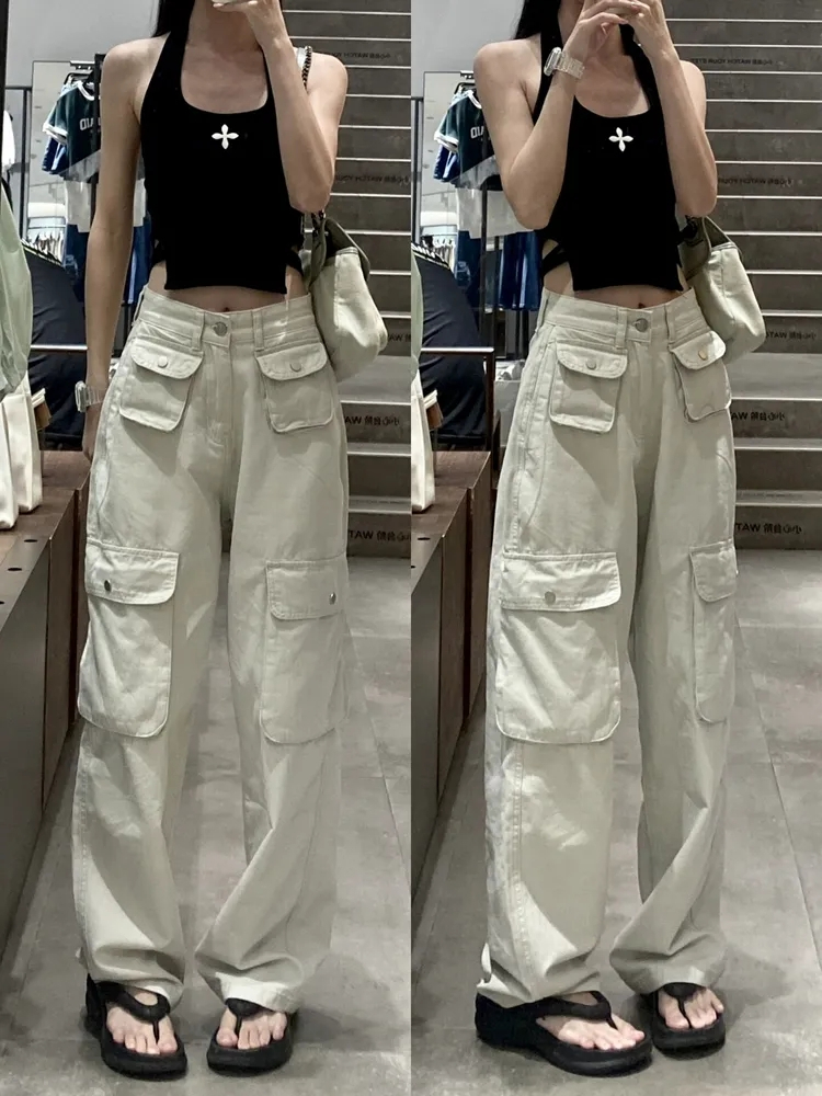 Sand white multi-pocket casual work pants for women 2025 summer high waist slimming straight wide-leg trousers
